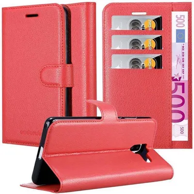 A red flip case for a Samsung Galaxy J6 Plus phone, shown open and closed, with credit cards and a banknote inserted.