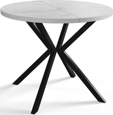 A round dining table with a marble-like top and black metal legs, presented on a white background.