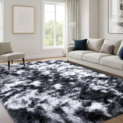 Productafbeelding van Hoogpolig tapijt 160x230 cm, zwart wit, antislip, wasbaar, voor woonkamer