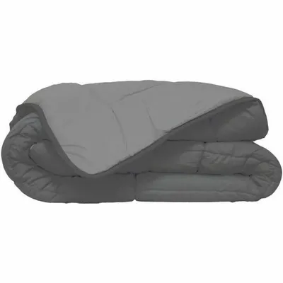 A folded gray comforter is shown against a white background.