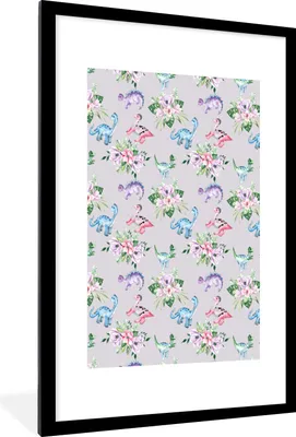 Produktbild von MuchoWow® Gerahmtes Poster Kinderzimmer - Blumen - Muster - Mädchen - Kinder - Rosa - Kind 60x90 cm - Poster mit Schwarzem Bilderrahmen Wandposter Rahmen Foto Bilder - Dekoration - Wandposter Wohnzimmer - Hochwertig