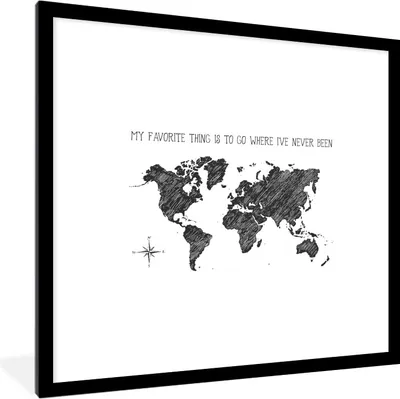 Produktbild von MuchoWow® MuchoWow® Gerahmtes Poster Weltkarte - Schwarz und weiß - Zitat 40x40 cm - Poster mit zchwarzem Bilderrahmen - Poster - Plakat im Rahmen
