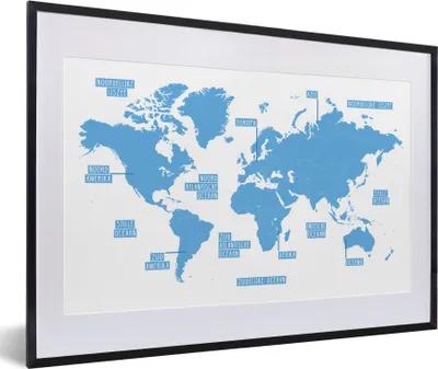 Produktbild von MuchoWow® MuchoWow® Gerahmtes Poster Weltkarte - Blau - Einfach 60x40 cm - Poster mit zchwarzem Bilderrahmen - Schlafzimmer - Plakat in Rahmen - Drucken