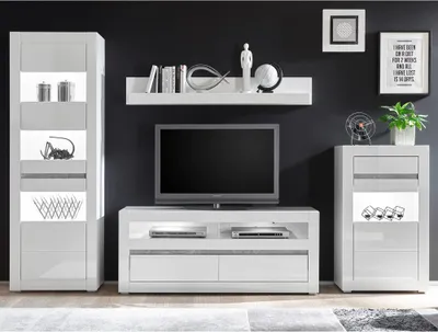 Produktbild von Moderne Wohnwand COGO-61 in weiß Hochglanz inkl. LED und mit Griffmulden in Betonoptik BxHxT: 302x198x42cm