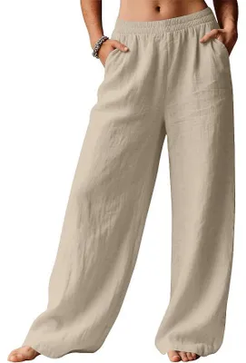Produktbild von ASKSA Damen Sommer Hose Casual Strandhose Weite Bein Freizeithose Elegant Einfarbig Sommerhose Leichte Leinen Stoffhose mit Taschen (Beige,XXL)