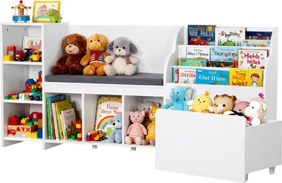 Produktbild von Kinderregal mit Sitzbank - Spielzeugregal - Mit Rückenlehne - Integriertes Bücherregal - Mit Spielzeugkiste - 170 x 40 x 80 cm - Weiß