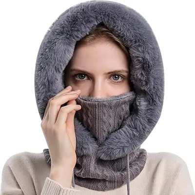 Produktbild von Damen-Wintermütze, Schal, Kapuze, Plüschpelz-Nackenwärmer, dicke Plüsch-Flauschmütze