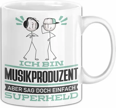 Produktbild von Musikproduzent Geschenk Tasse Ich Bin Musikproduzent Aber Sag Doch Einfach Superheld Lustige Geschenkdiee für Musikproduzent Kaffee-Becher (Weiß)