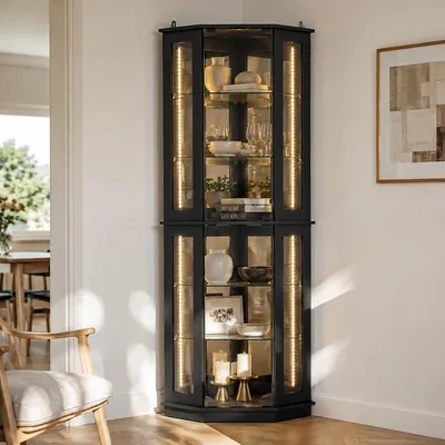 Produktbild von Eckvitrine Schwarz 170x48x48cm, 6-farbige USB-LED-Leisten mit Fernbedienung, gehärtetes Glas & Spiegelrückwand, 8 Ablageebenen, MDF Rahmen