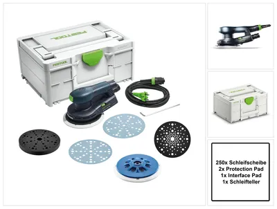 Produktbild von Festool ETS EC 150/5 EQ-Plus Exzenterschleifer 400 W 150 mm Brushless + 250x Schleifscheibe + 2x Protection Pad + Interface Pad + Schleifteller + systainer