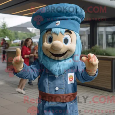 Obrázok produktu pre Maskot spoločnosti REDBROKOLY, postavička Cyan Currywurst, oblečená v džínsovej košeli a čiapke