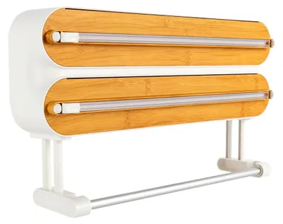 Produktbild von 3-in-1 Küchenrollenhalter für die Wand, Frischhaltefolienspender mit Klebehaken für Frischhaltefolie, Alufolie, Backpapier und Küchenpapier (Holz)