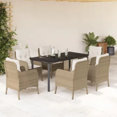 Produktbild von Design 7-tlg. Garten-Essgruppe mit Kissen Beige Poly Rattan, Gartenmöbel-Sets 2024 Neu