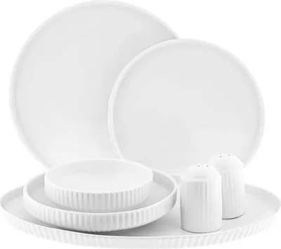 Zdjęcie produktu dla Serwis obiadowy Borneo z reliefowym wzorem - 27-częściowy zestaw z białej porcelany