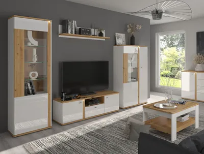 Produktbild von Wohnzimmer-Set Wohnwand Avila 5-teilig Eiche Artisan Front MDF weiß Hochglanz