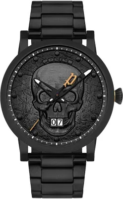 A black Police brand watch with a skull design on the face.