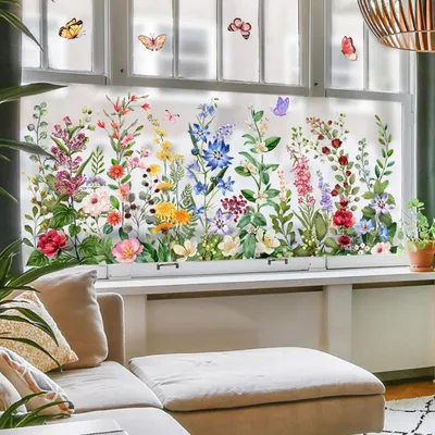 Productafbeelding van Raamdecoratie lente, bloemen, vlinders, zelfklevend, 30x60 cm, PVC