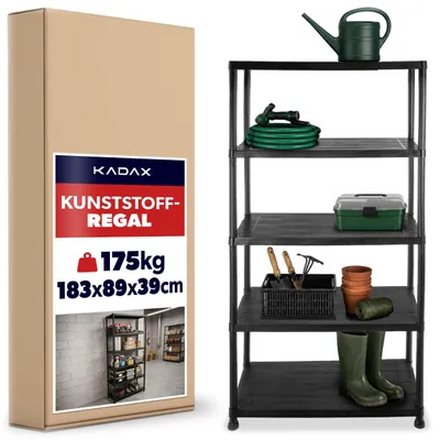 Produktbild von KADAX Kunststoffregal 183 x 89 x 39 cm, Steckregal aus Kunststoff, Schwerlastregal mit 5 Böden, Kellerregal für Werkstatt, Abstellraum Regal, Werkstattregal (Schwarz)