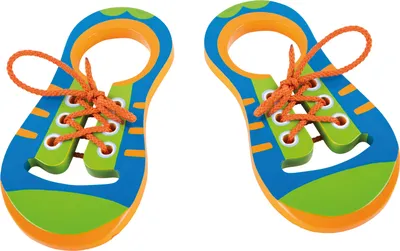 Produktbild von Small Foot 10152 Fädelspiel Fädelschuhe aus Holz, blau/grün/orange, 2-teilig (1 Set)