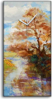 Produktbild von Wandbild Leinwand Bilder mit Uhr 30x60 Malerei Bäume Fluss Himmel Wolken - weiße Hände