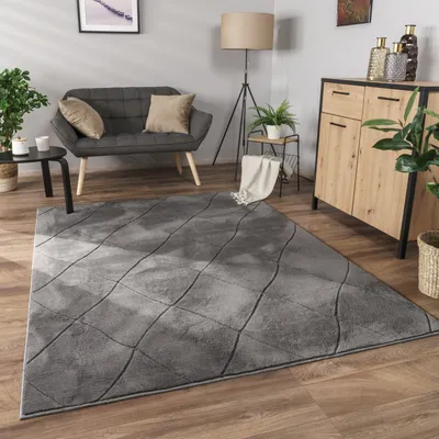 Produktbild von Teppich Wohnzimmer Schlafzimmer Kurzflor Boho Skandi Raute 3D Grau Anthrazit Grösse 80x150 cm