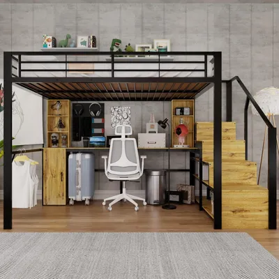 Productafbeelding van Hoogslaper van metaal, 140x200 cm, zwart, met bureau, kast en trap, met USB-aansluiting – zonder matras