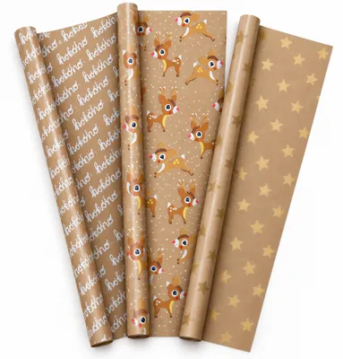 Image de Benza – Papier d'emballage de Noël en papier kraft – 3 rouleaux de 200 x 70 cm – Papier d'emballage pour Noël – Motifs de rennes, "Ho Ho Ho" et étoiles dorées