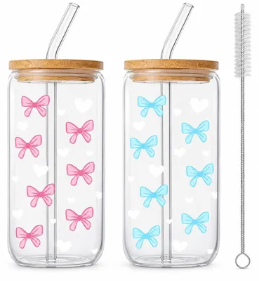 2er-Set Trinkbecher 500 ml mit Deckel, Schmetterlingsknoten-Design, Glas