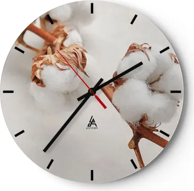 Produktbild von Wanduhr - Rund - Glasuhr - Baumwolle Makro Zweig - 30x30cm - Schleichendes Uhrwerk - Lautlos - zum Aufhängen bereit - Dekoration Modern - Wanddekoration aus Glas - C3AR30x30-4835