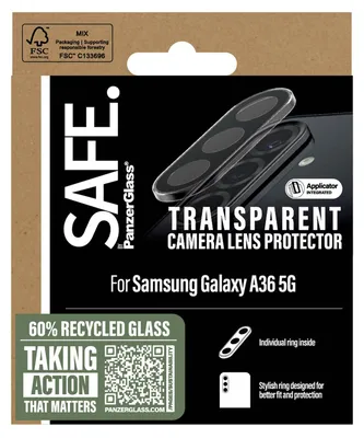 Zdjęcie produktu dla PanzerGlass SAFE. by ® Camera Lens Protector Transparent Samsung Galaxy A36 5G, Samsung, Samsung - Galaxy A36 5G, Aplikacja na sucho, Odporny na zadrapania, Odporny na wstrząsy, Przezroczysty, 1 szt.