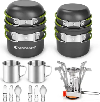 Obrázek produktu pro Odoland Camping Ta Set 16-piece for 2 persons - Outdoor Cookware Hliníkové nádobí z nerezové oceli Hrnce Hrnky Příbory Mini Cooker