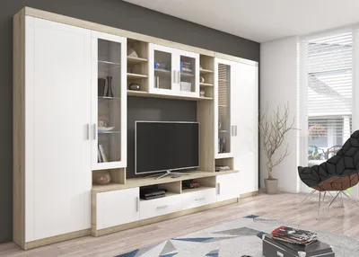 Produktbild von Wohnwand PARIS Große Schrankwand 340 cm Anbauwand Wohnkombi Wohnzimmer Weiß/Sonoma