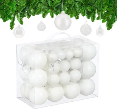 Image de Lot de 50 boules de Noël Relaxdays, en plastique, boules scintillantes, mates et brillantes, décorations pour sapin de Noël, blanc