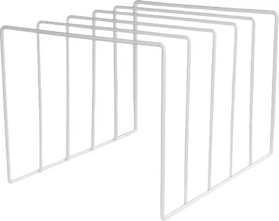 A white wire rack designed to store and organize items, likely records or books, with multiple vertical dividers.