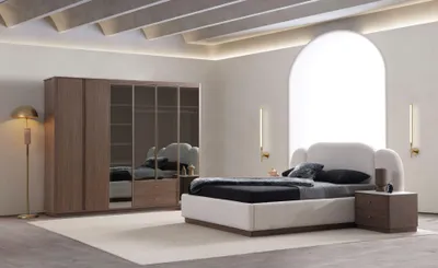 Obrázok produktu pre Edle Schlafzimmer Garnitur Weißes Bett Brauner Schrank Nachttische