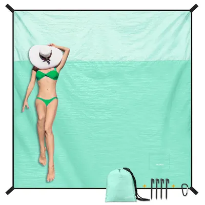 Produktbild von Fintie Stranddecke Sandfrei super groß 210x200cm, Sanddicht Wasserdicht Strandtuch, Leicht Dünn Bequem Langlebiges Material Picknickdecke, Grün