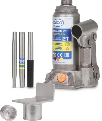 Produktbild von alca® hydraulischer Wagenheber 2t mit L-Adapter I für Caravan, Anhänger, Auto, Motorrad & SUV I Stempelheber aus Stahl I 158-308 mm Hubhöhe I kompakter Autoheber