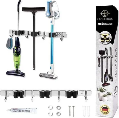Imagen del producto de Soporte de escoba de pared Unyqoos® de acero inoxidable: 3 soportes y 4 ganchos, organizador de herramientas y mopas para colgar en la pared, ideal para garaje, jardín y hogar