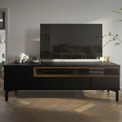 Image de Rosata - Meuble TV, 156x48x48h cm Noir, 3 Tiroirs