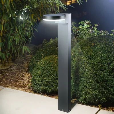 A modern, dark gray solar bollard light stands on a paved walkway next to lush green bushes and bamboo plants at dusk.