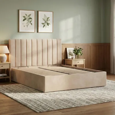 Produktbild von Polsterbett POLLA 180x200 mit Holzlattenrost, Doppelbett ohne Bettkasten, Bett mit gepolstertem Kopfteil  Beige Samt