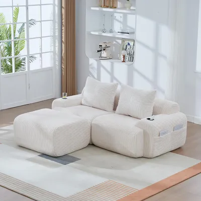 Obrázek produktu pro okwish modulární relaxační pohovka pro dva, chaise longue / lounge sofa s dvoumístnou konstrukcí, rohová pohovka s držákem na nápoje a úložnou kapsou, manšestrová pohovka s taburety, béžová