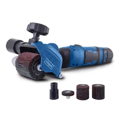 A blue and black power tool with a brush attachment, shown on a white background. Several brush attachments are displayed in the foreground.