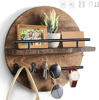Produktbild von PromoHome® Schlüsselbrett Rund mit Ablage – Vintage Holz Schlüsselhalter Wandmontage – Dekoratives Schlüsselbrett für Zuhause – Braun