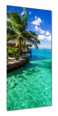 Produktbild von Wallario selbstklebende Duschrückwand 70 x 180 cm mit Motiv Karibisches Meer  Einsame Hütte unter Palmen - Wandverkleidung mit Hochglanzlaminat in Glasoptik