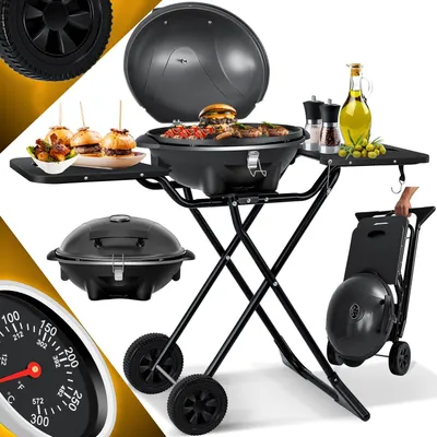Produktbild von KESSER® elektrischer Elektrogrill 2in1 Tischgrill - Standgrill mit Deckel und Standfuß | max. 2400 Watt | Faltbar | Thermometer | Antihaftbeschichtung | Grillplatte Abstelltische | 2 Räder |