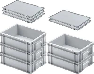 Produktbild von SuperSparSet 5x Eurobehälter mit geschlossenem Griff und Scharnierdeckel | HxBxT 12x30x40cm | 11 Liter | Grau | Eurobox, Transportbox, Transportbehälter, Stapelbehälter