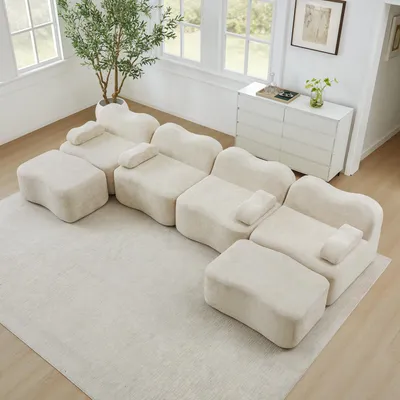 Image de Canapé modulable en U à quatre places, forme ondulée, en velours, avec 2 poufs, assise profonde, 384 x 167 x 70 cm, beige