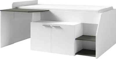 Produktbild von Funktionsbett / Kinderbett / Hochbett mit Schreibtisch Lindos, Farbe: Weiß / Grau - Liegefläche: 90 x 200 cm (B x L)