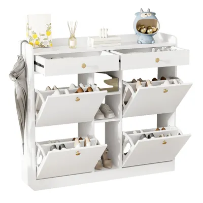 Produktbild von Schuhschrank mit 4 Klappen, 2 Schubladen, 3 offenen Fächern, für bis zu 19 Paar, Kippschutz, modernes MDF-Design mit Metallgriffen, 26 cm Tiefe, Weiß